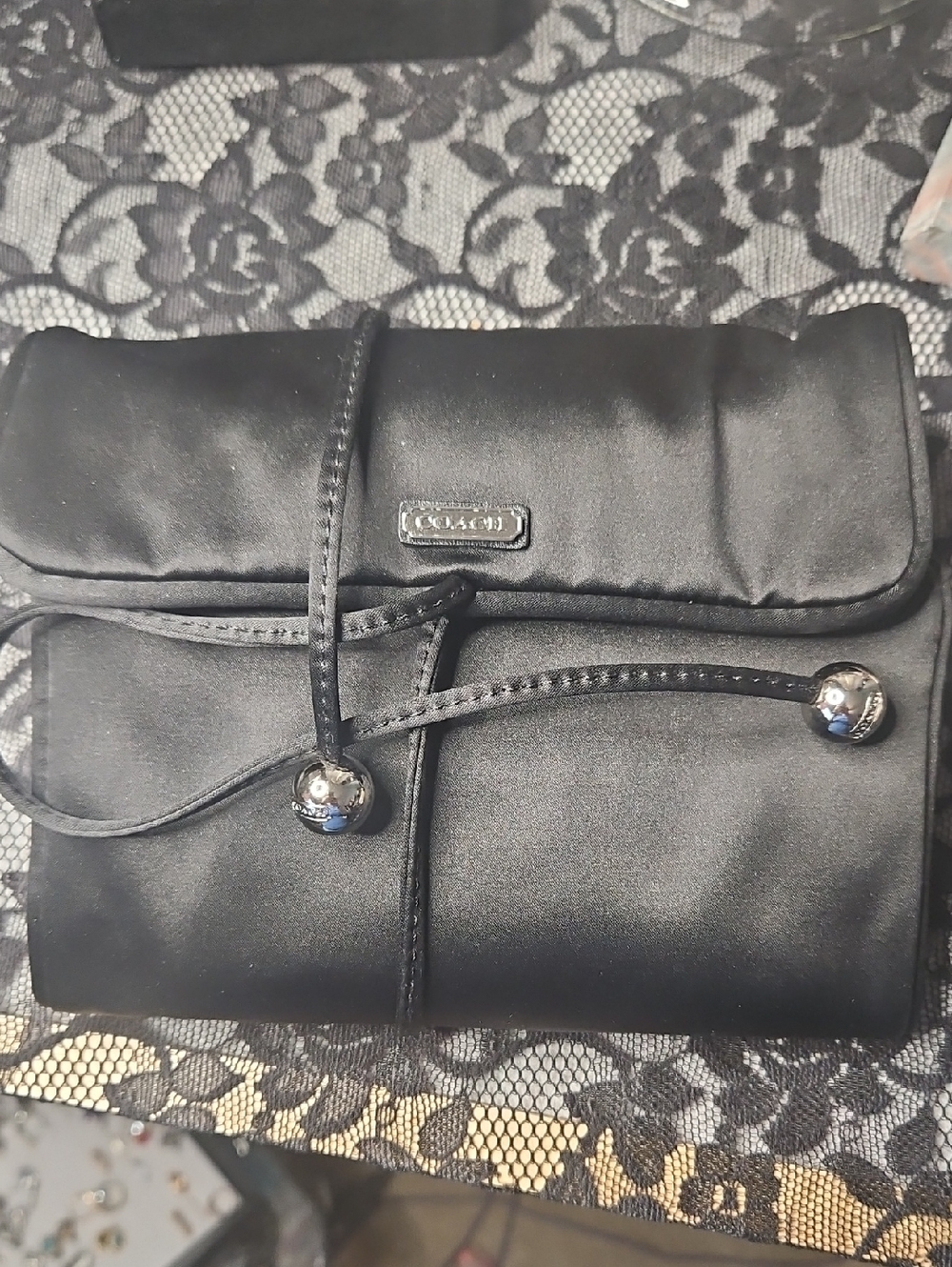 Coach Black Satin Fold-Over Jewelry Roll with Silver-Tone Bead Tie